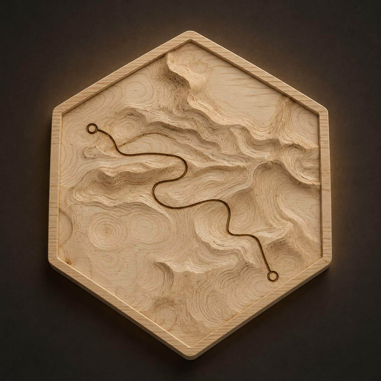 Contour Core carved wooden terrain hexagon with engraved route