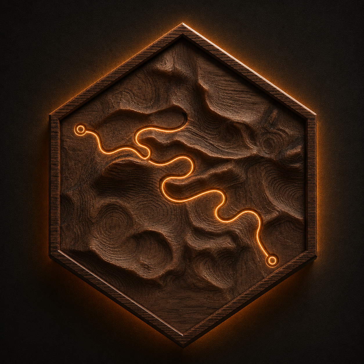 Contour Illuminate dark wooden terrain hexagon with glowing route