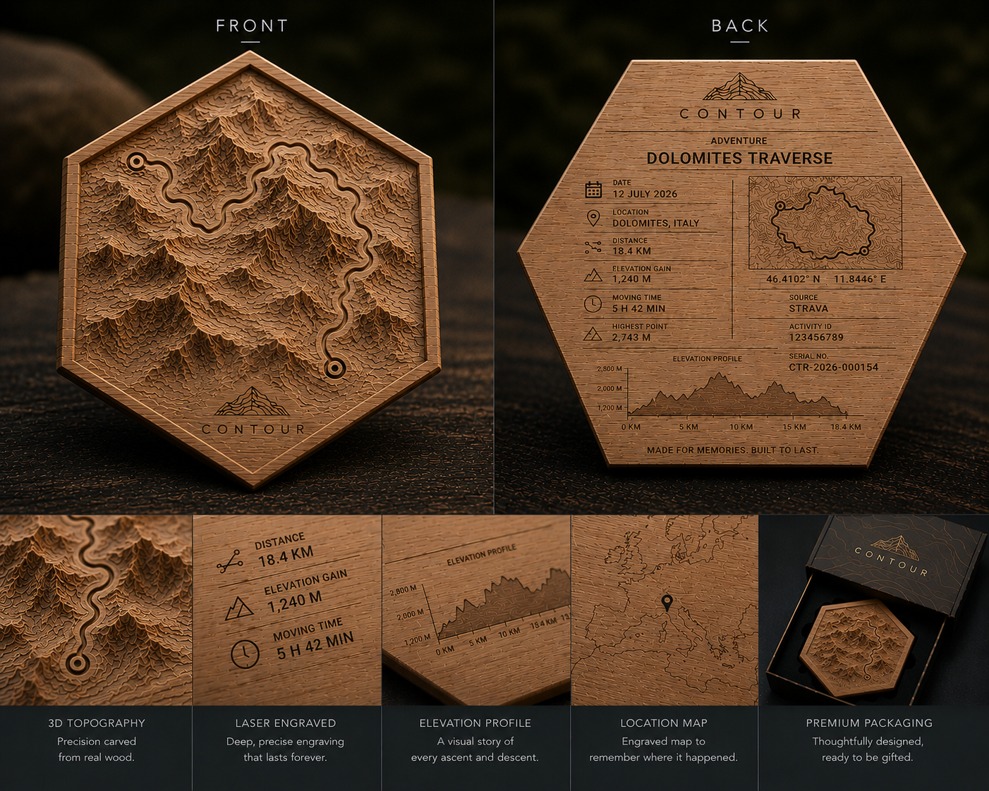Front and back views of a hexagonal Contour wooden terrain artwork